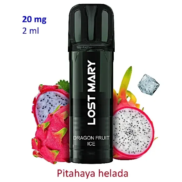 Pod negro Lost Mary Dragon Fruit Ice con pitayas cortadas y un cubito de hielo; aparecen los textos 20 mg, 2 ml y «Pitahaya helada».