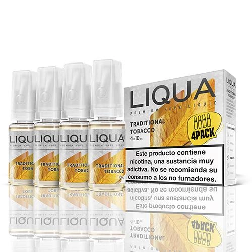 Frascos de líquido de vapeo Liqua Traditional Tobacco junto a su caja, con motivos de hojas y advertencia sobre nicotina.