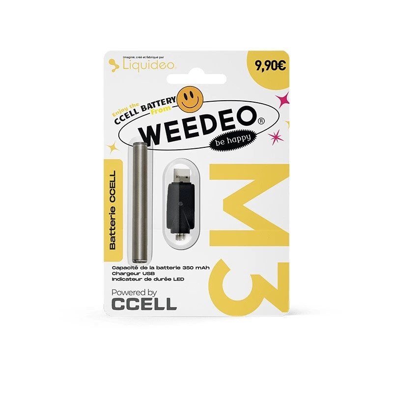 Batería cilíndrica plateada CCELL de Weedeo y cargador USB negro en un blíster blanco y amarillo con la inscripción M3.