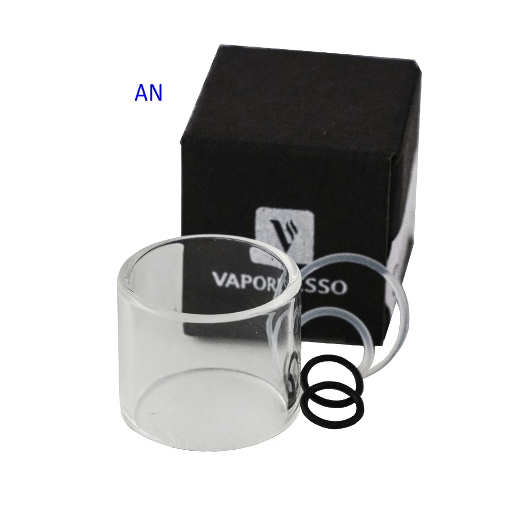 Cristal cilíndrico de repuesto Vaporesso Veco Solo / One Glass con juntas tóricas negras y transparentes junto a su caja. Cristal cilíndrico de repuesto Vaporesso Veco Solo / One Glass con juntas tóricas negras y transparentes junto a su caja.