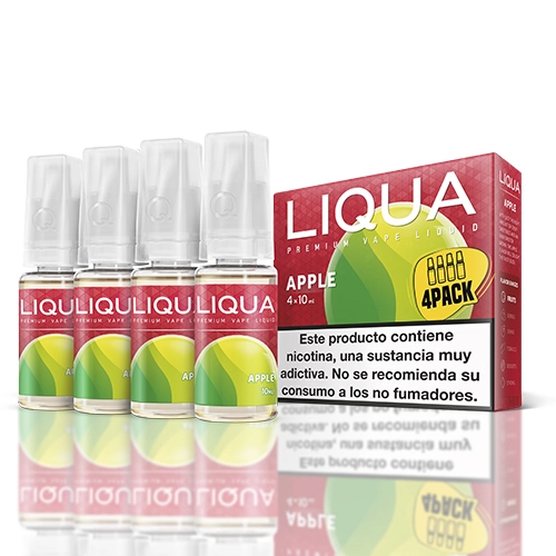 Frascos de líquido de vapeo Liqua Apple junto a una caja roja con dibujos de manzana, texto «4PACK» y advertencia sobre nicotina.