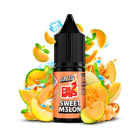 Frasco de Oil4Vap Salts Sweet Melon con tapón negro y etiqueta naranja, rodeado de trozos de melón y cubitos de hielo.