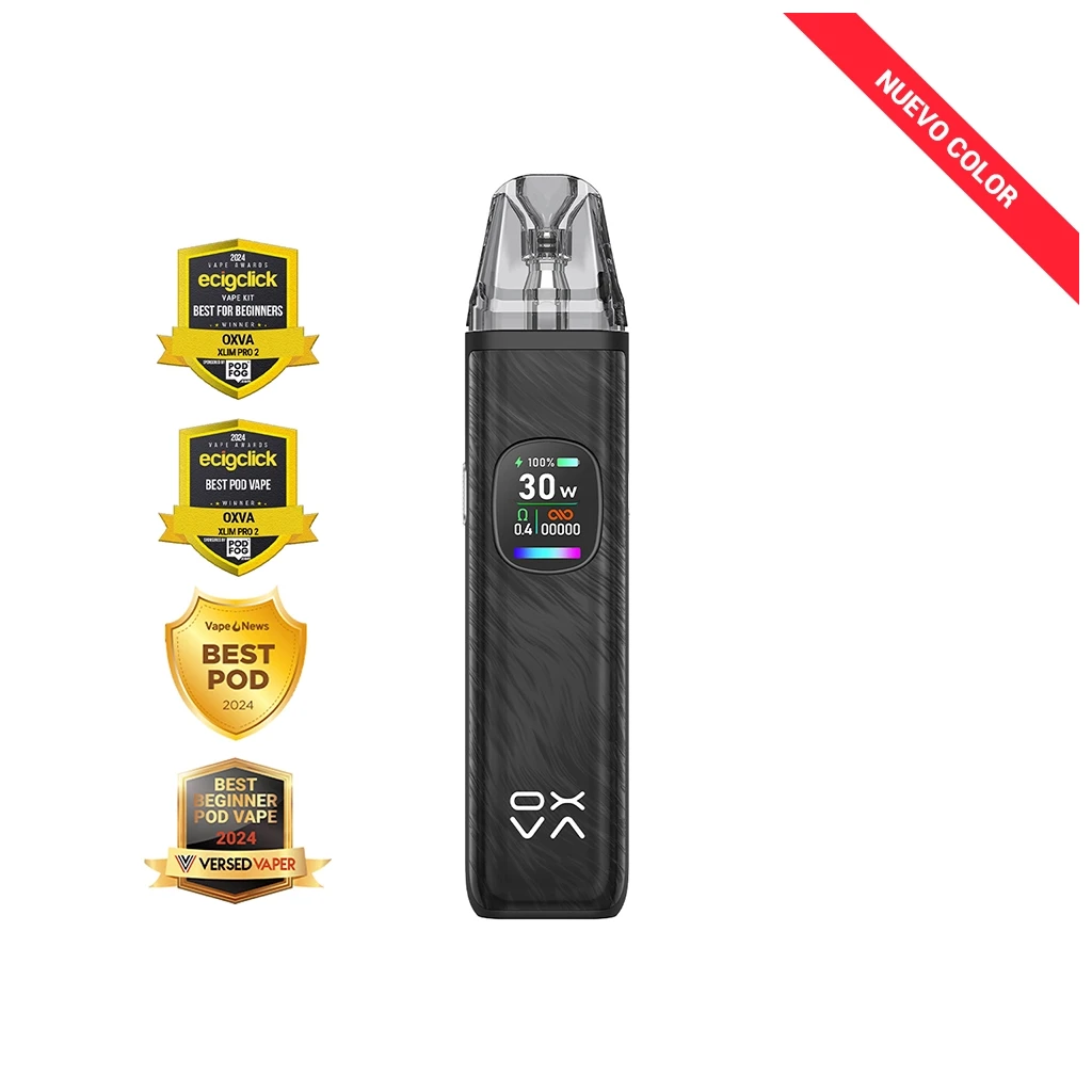 Oxva Xlim Pro 2 de aspecto negro con cartucho transparente y pantalla que marca 30 W, junto a insignias y el texto «Nuevo color».