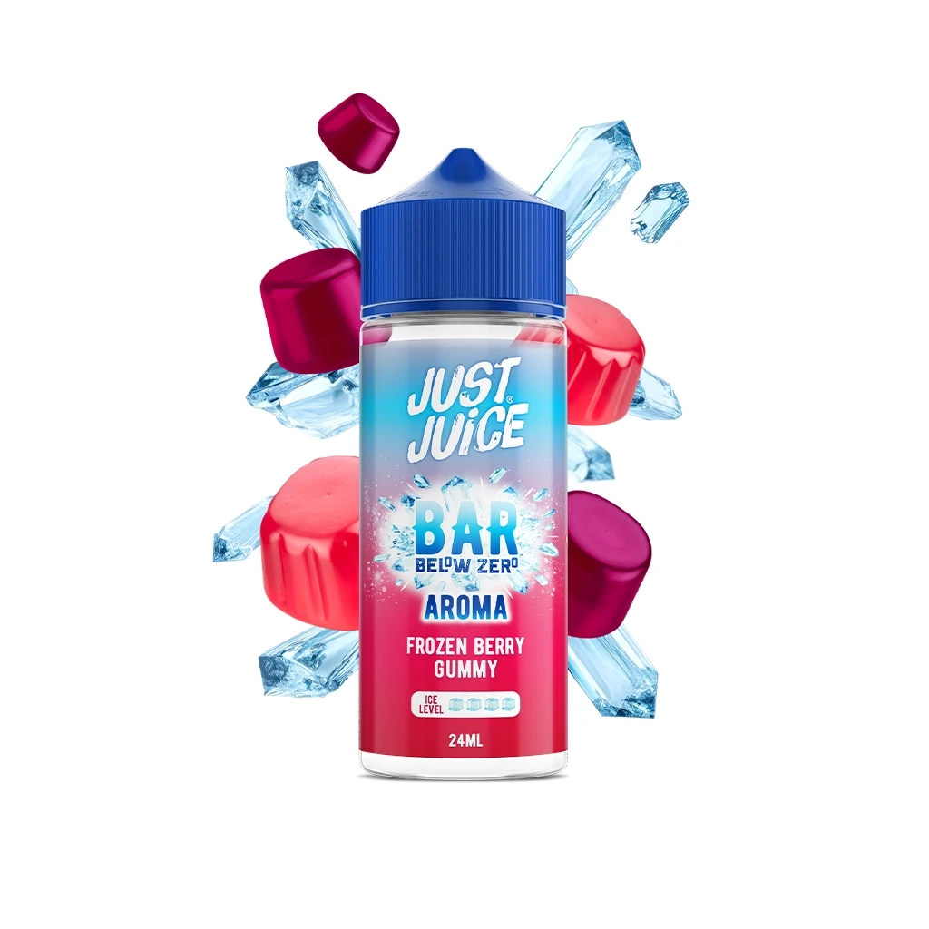 Frasco Just Juice Below Zero Frozen Berry Gummy de 24 ml, con tapón azul, rodeado de gominolas rosas y moradas y trozos de hielo.
