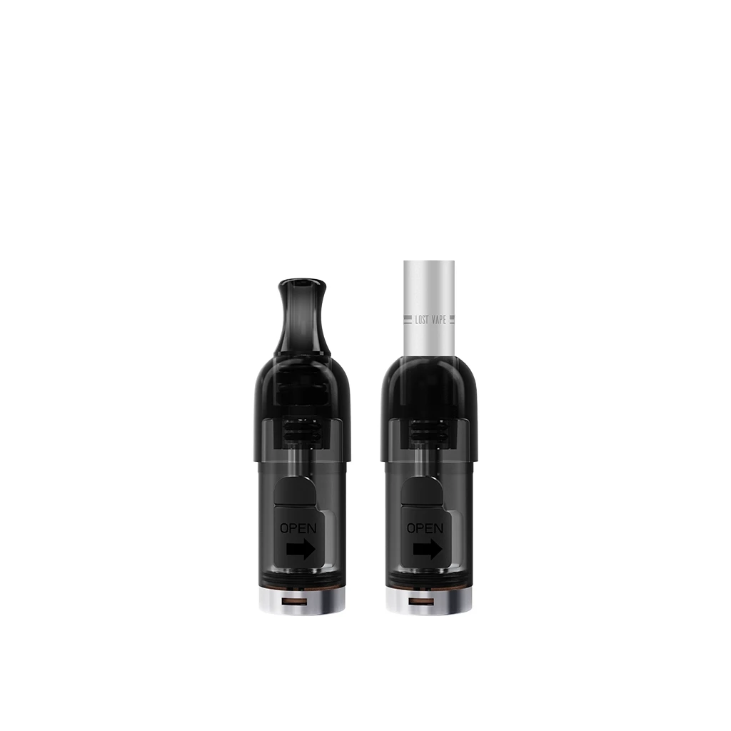 Pods Lost Vape Nexus en formatos con boquilla negra curvada y tubo plateado, cuerpos oscuros translúcidos y marcas OPEN con flechas.