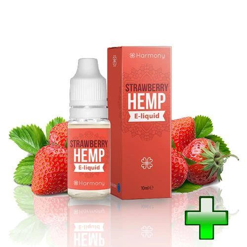 Frasco de e-líquido Harmony Strawberry Hemp junto a su caja roja, rodeado de fresas, con una cruz verde en la esquina inferior.