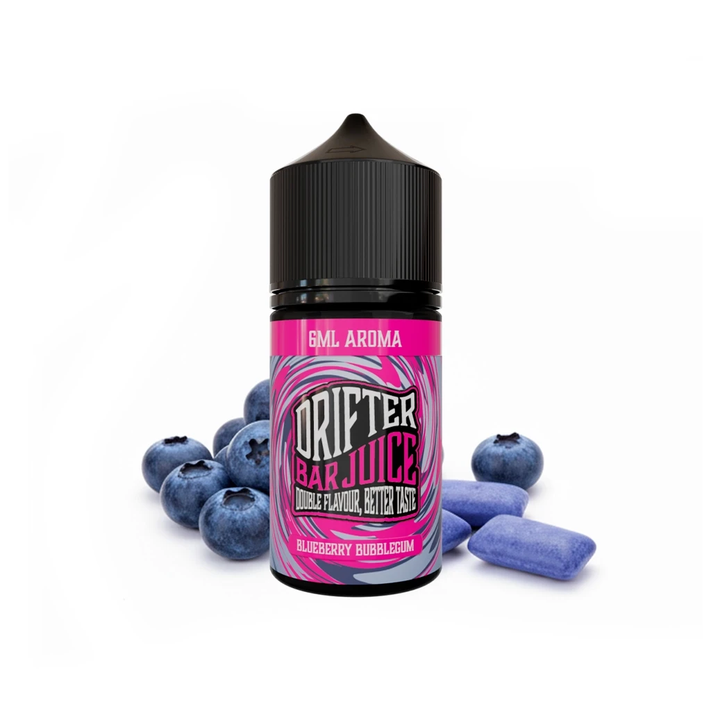Bote Drifter Bar Juice Blueberry Bubblegum de 6 ml, con tapón negro y etiqueta rosa, junto a arándanos y chicles azules.