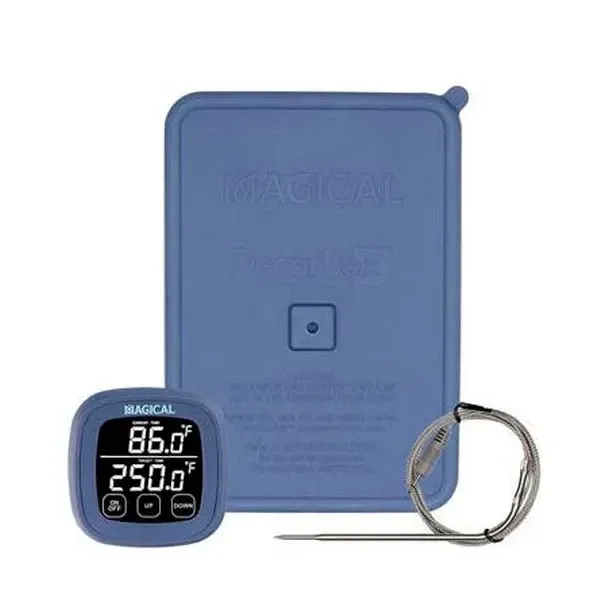 Decarbox Magical Butter azul con tapa rectangular, termómetro digital y sonda metálica conectada por un cable enrollado.