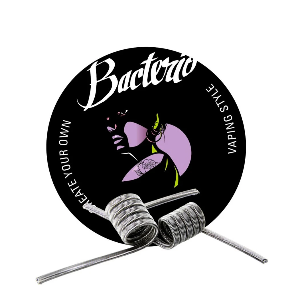 Resistencias Bacterio Coils Silk MTL con espiras y extremos alargados, delante de un logotipo circular negro con ilustración violeta.