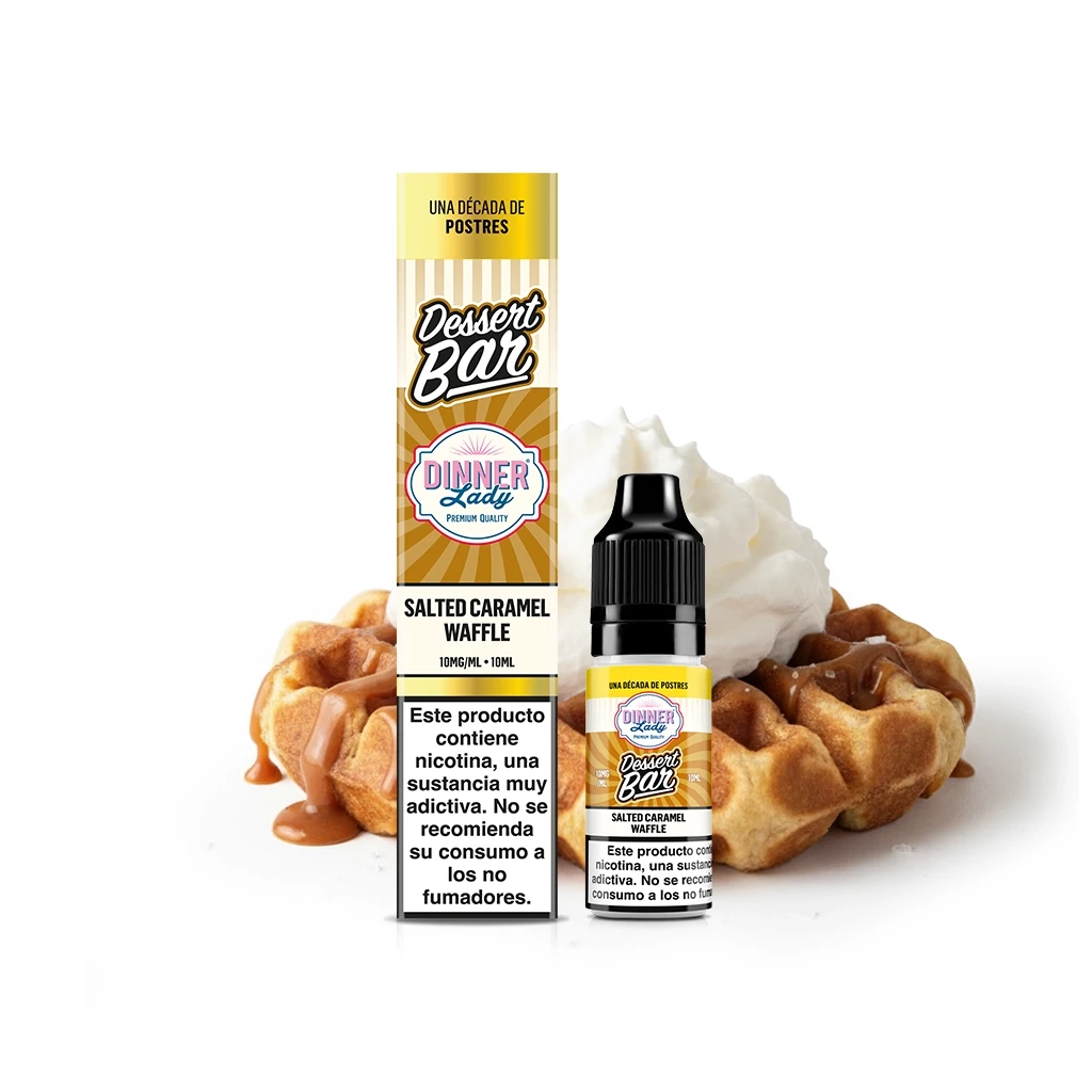 Frasco y caja de Dinner Lady Salted Caramel Waffle de 10 ml, con advertencia de nicotina, ante gofres con caramelo y nata.