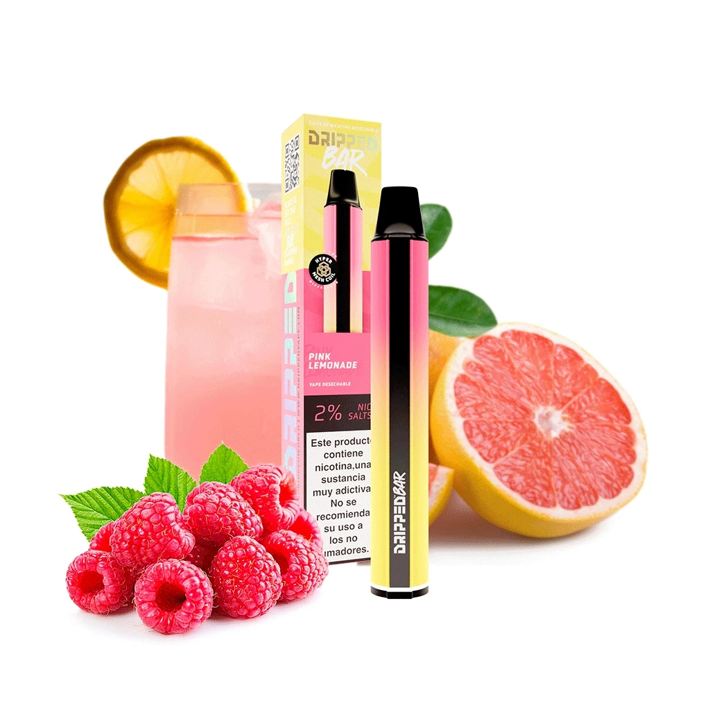 Vapeador Dripped Bar Pink Lemonade rosa y amarillo junto a su caja, un vaso de bebida rosa, frambuesas y cítricos.