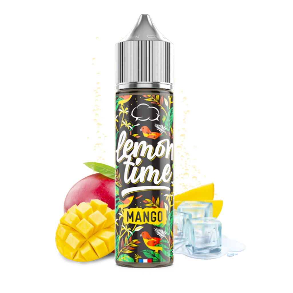 Botella de Lemon Time Mango con tapón plateado y etiqueta tropical, rodeada de mango cortado y cubitos de hielo sobre fondo negro.