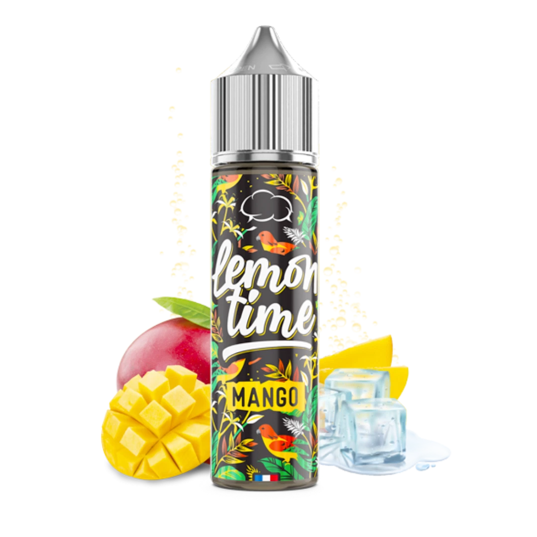 Botella de Lemon Time Mango con tapón plateado y etiqueta tropical, rodeada de mango cortado y cubitos de hielo sobre fondo negro.