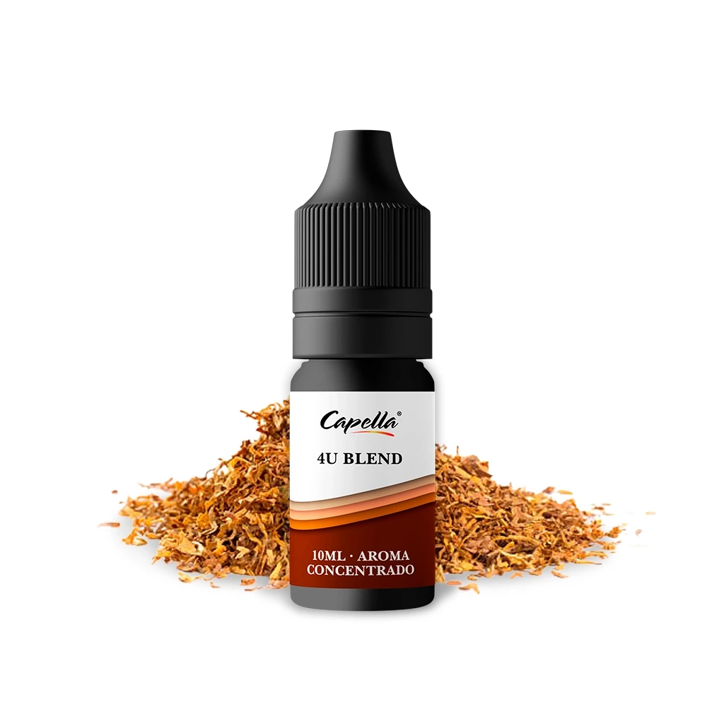 Frasco negro de Capella 4U Blend con tapón estriado y etiqueta de aroma concentrado de 10 ml, delante de un montón de tabaco picado.