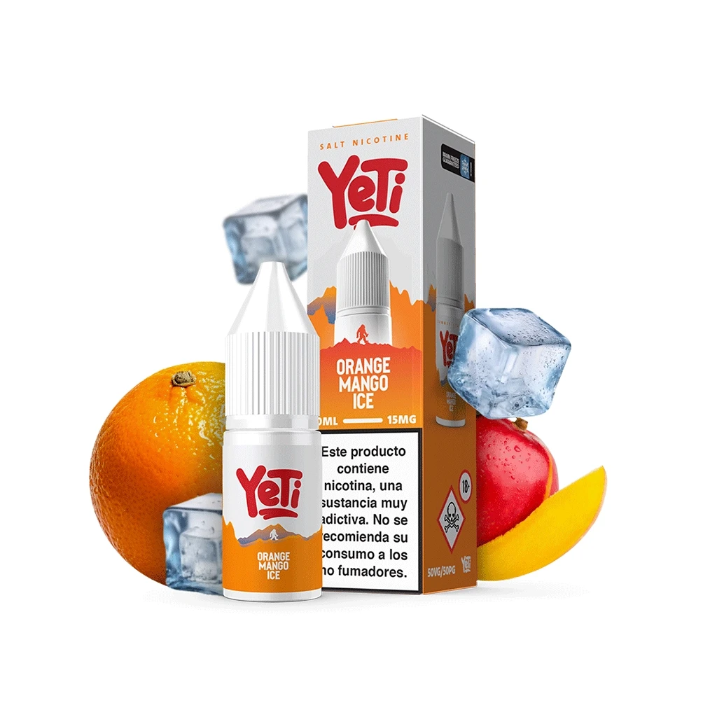 Frasco y caja de Yeti Orange Mango Ice con etiqueta blanca y naranja, junto a una naranja, mango y cubitos de hielo sobre fondo blanco.