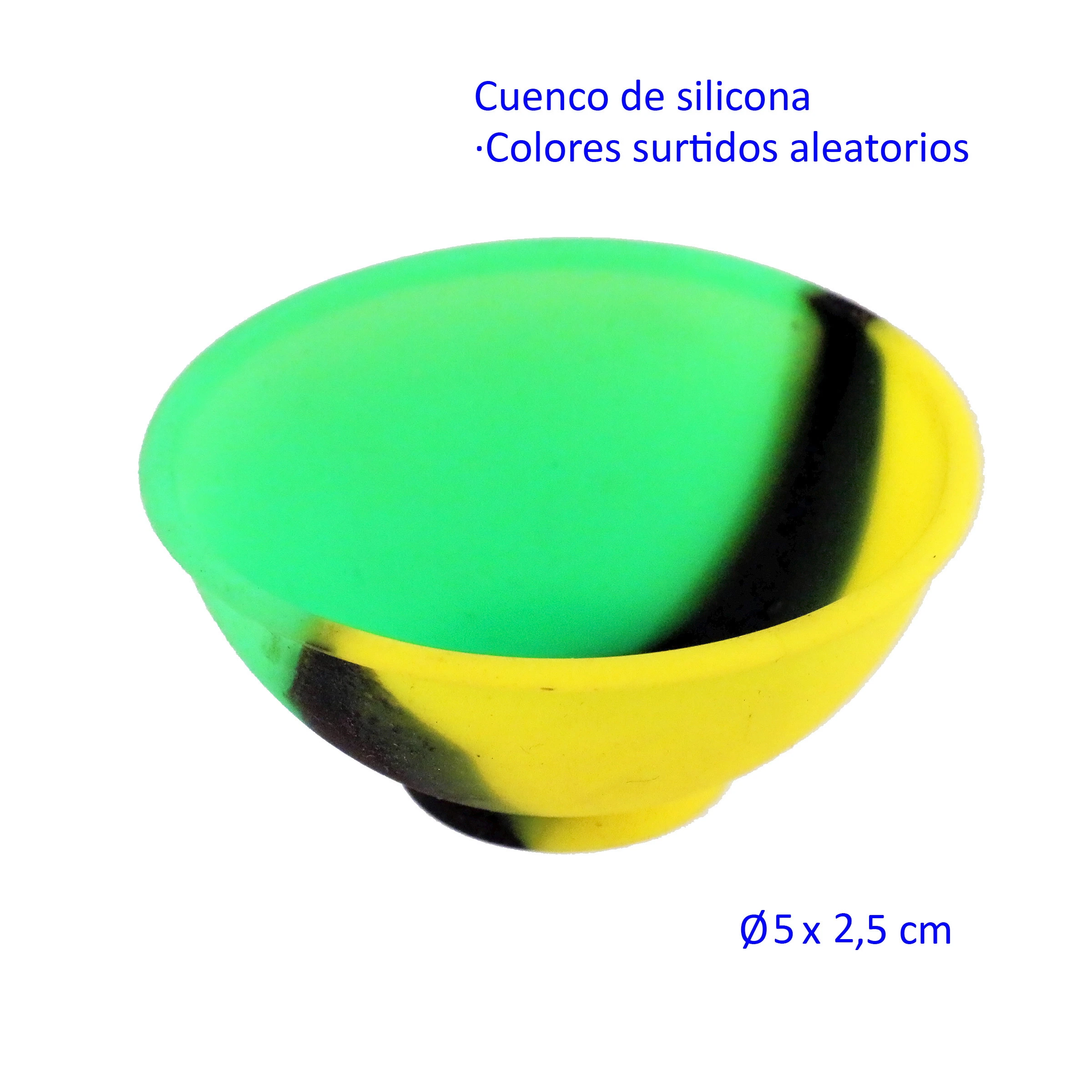 Cuenco de silicona visto en ángulo, con interior verde y franjas amarillas y negras; el texto indica colores surtidos aleatorios.