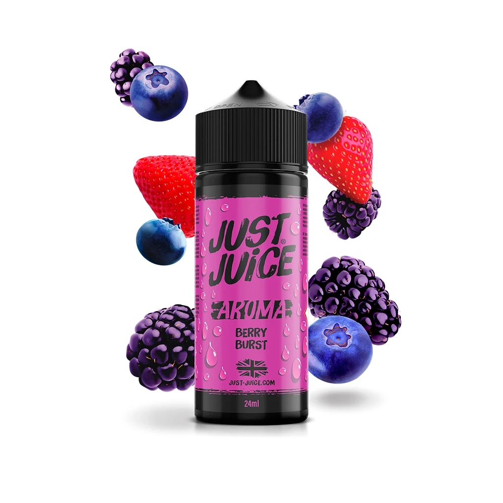 Botella Just Juice Berry Burst con etiqueta rosa que indica Aroma y 24 ml, rodeada de ilustraciones de fresas, moras y arándanos.