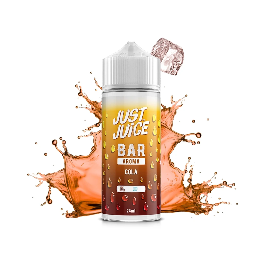 Bote Just Juice Bar Cola Longfill de 24 ml con tapón blanco, etiqueta amarilla y roja, salpicadura de líquido y un cubito de hielo.