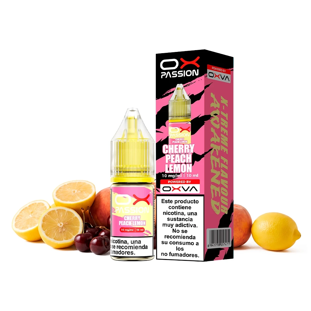 Frasco y caja de Oxva Ox Passion Salts Cherry Peach Lemon, con etiqueta rosa de 10 mg/ml y 10 ml, rodeados de cerezas, melocotones y limones.