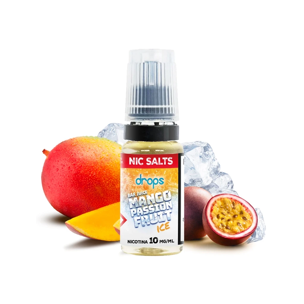 Frasco de Drops Bar Juice Salts Mango Passion Fruit Ice con etiqueta de nicotina de 10 mg/ml, junto a mango, maracuyá y cubitos de hielo.