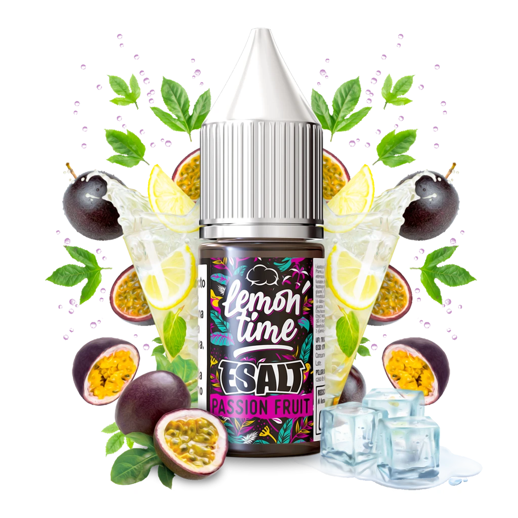 Frasco Lemon Time Passion Fruit E-salt con tapón blanco, rodeado de maracuyás abiertos, rodajas de limón y cubitos de hielo sobre fondo negro.