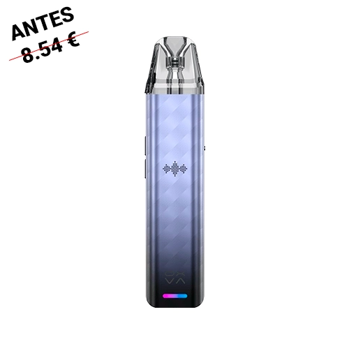 Oxva Xlim SE 2 Pod Kit en posición vertical, con cuerpo de degradado lila a negro, dibujo geométrico, boquilla transparente e indicador multicolor.