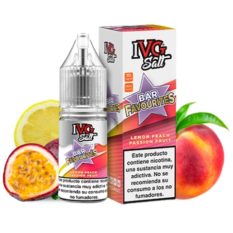 Frasco y caja IVG Bar Favourites Lemon Peach Passion Fruit con advertencia de nicotina, junto a limón, melocotón y maracuyá abierto.