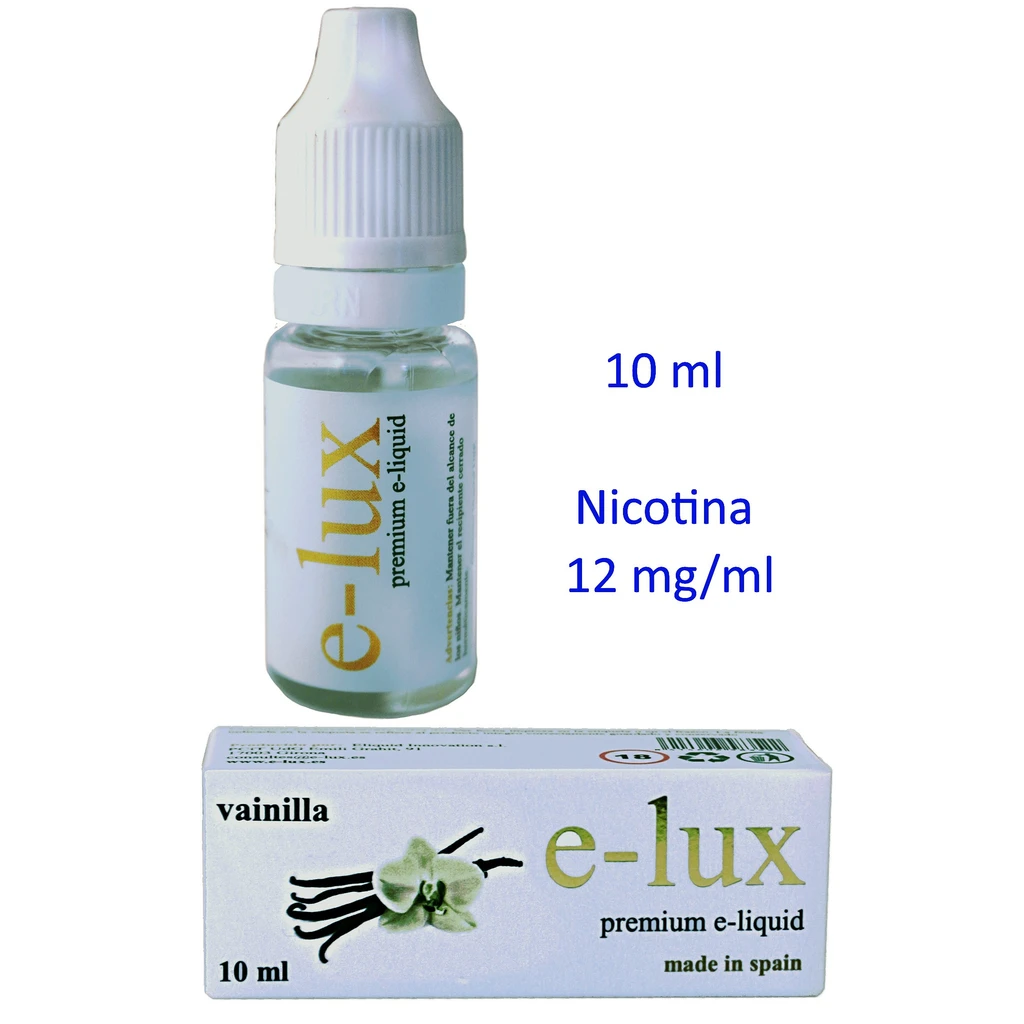Frasco de e-liquid e-lux de vainilla con tapón blanco y caja ilustrada con una flor; se indican 10 ml y nicotina de 12 mg/ml.