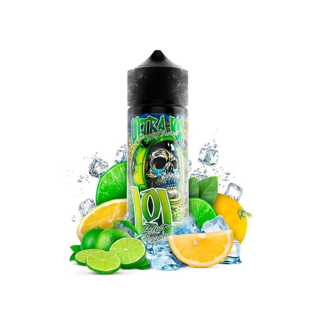 Bote LOL Ultra Ice Lemon Blizzard Longfill con tapón negro y etiqueta de calavera, rodeado de limones, limas y hielo.