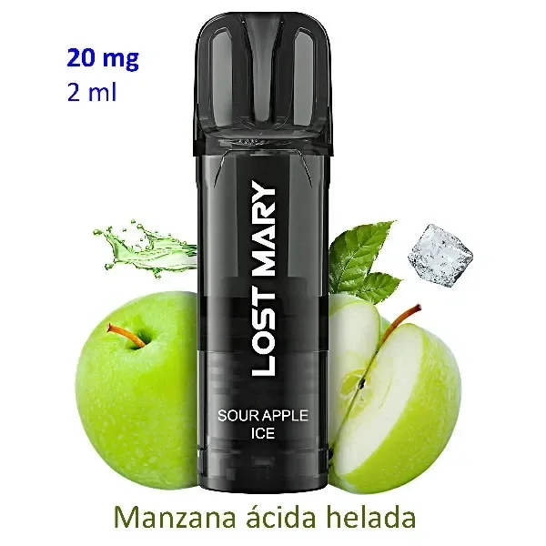 Pod Lost Mary Sour Apple Ice negro junto a manzanas verdes y hielo, con los textos «20 mg», «2 ml» y «Manzana ácida helada».