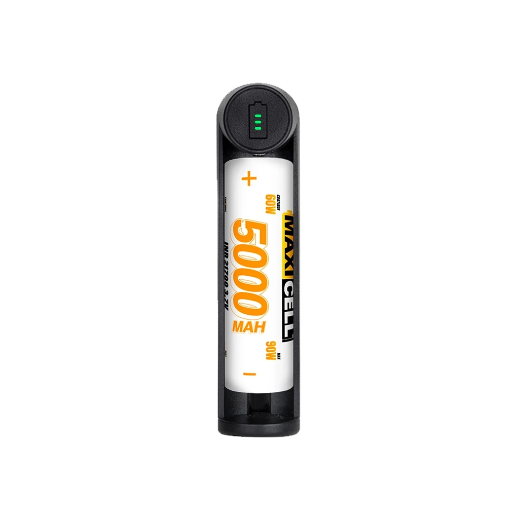 Cargador Maxicell Charger MX negro con una batería blanca rotulada «5000 mAh» y un indicador superior con luces verdes.