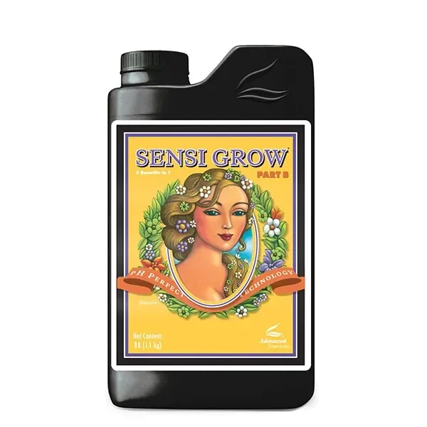 Envase negro de pH Perfect Sensi Grow Part B de Advanced Nutrients, con etiqueta amarilla ilustrada con un rostro entre hojas y flores.