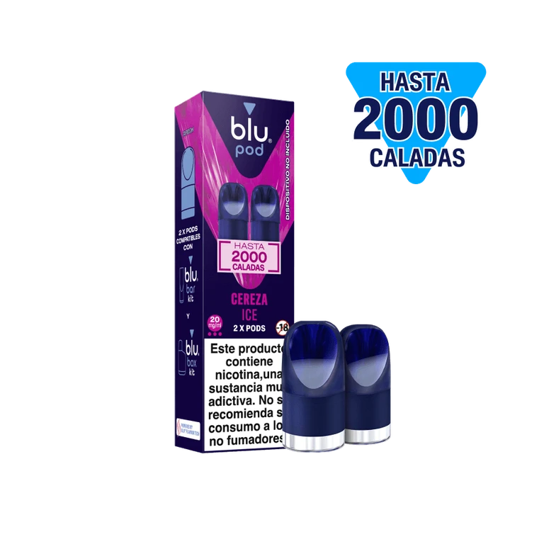 Caja de Blu Pods Cereza Ice de 20 mg/ml junto a cápsulas azules, con advertencia sobre nicotina y el texto «Hasta 2000 caladas».