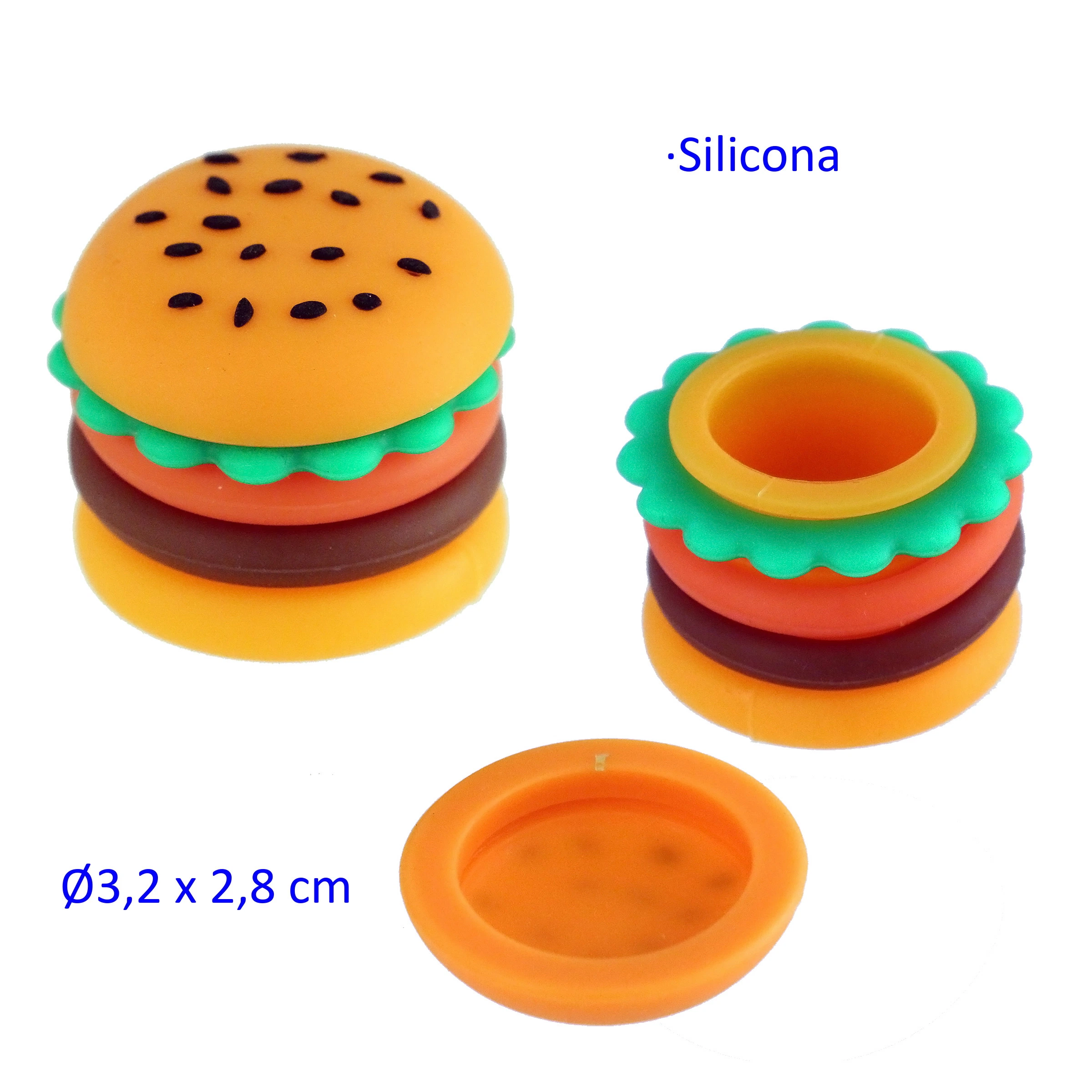 Caja de silicona con forma de hamburguesa, mostrada cerrada y abierta, con tapa amarilla y capas verdes, naranjas y marrones.