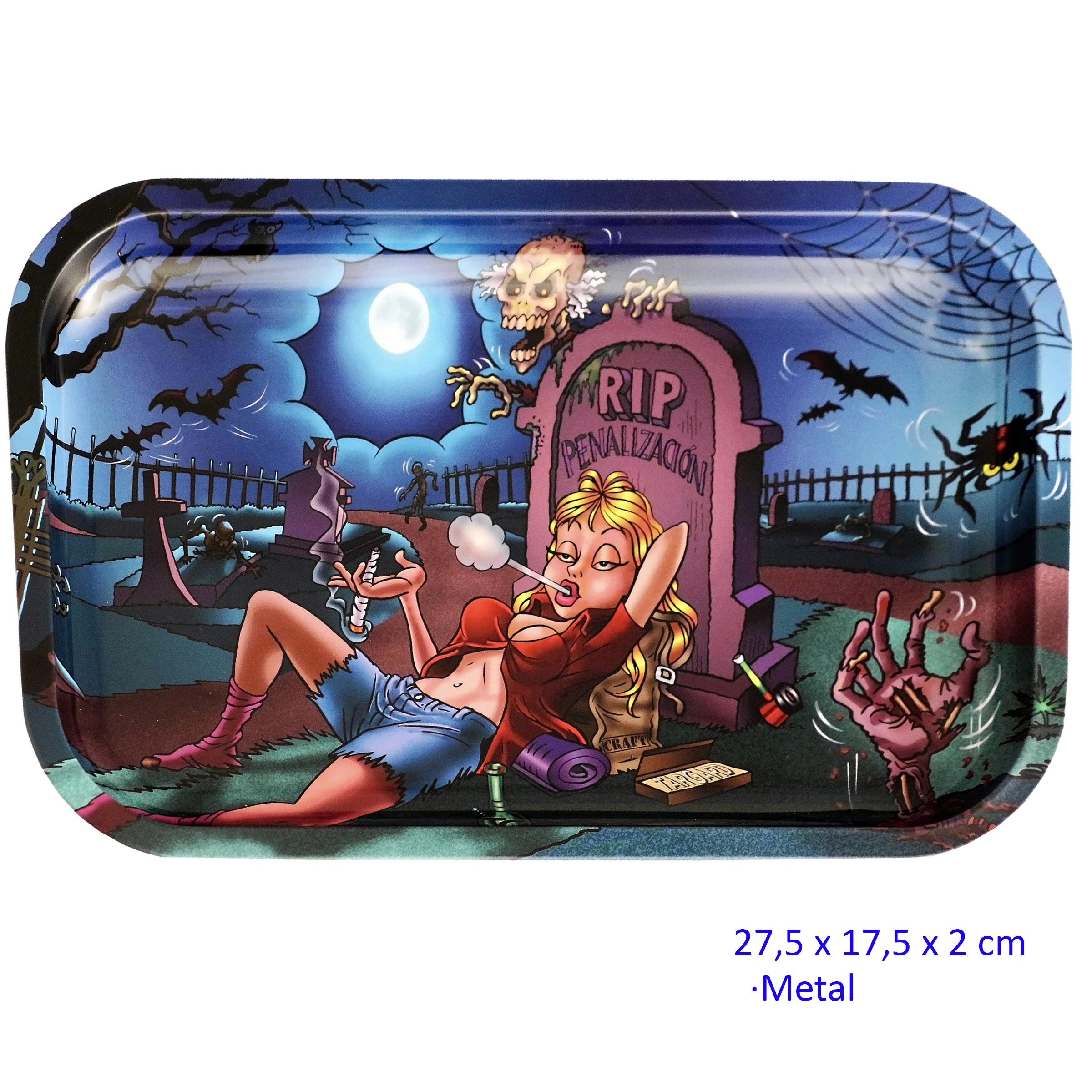 Bandeja para liar TG Wonder con una mujer fumando junto a una lápida, zombis, murciélagos y telarañas en un cementerio ilustrado.