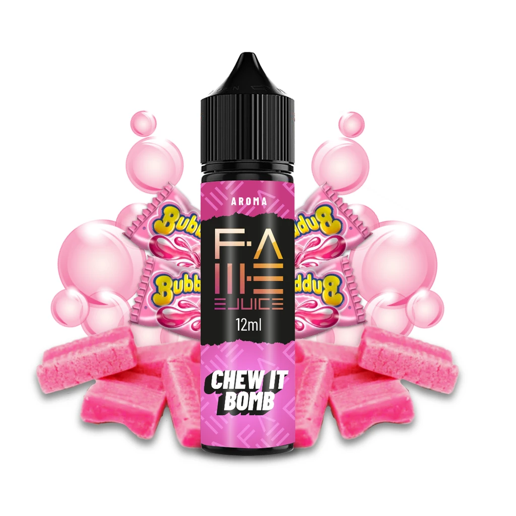 Frasco de aroma Chew It Bomb de Fame Ejuice de 12 ml, con tapón negro y etiqueta rosa, rodeado de chicles y burbujas rosas.