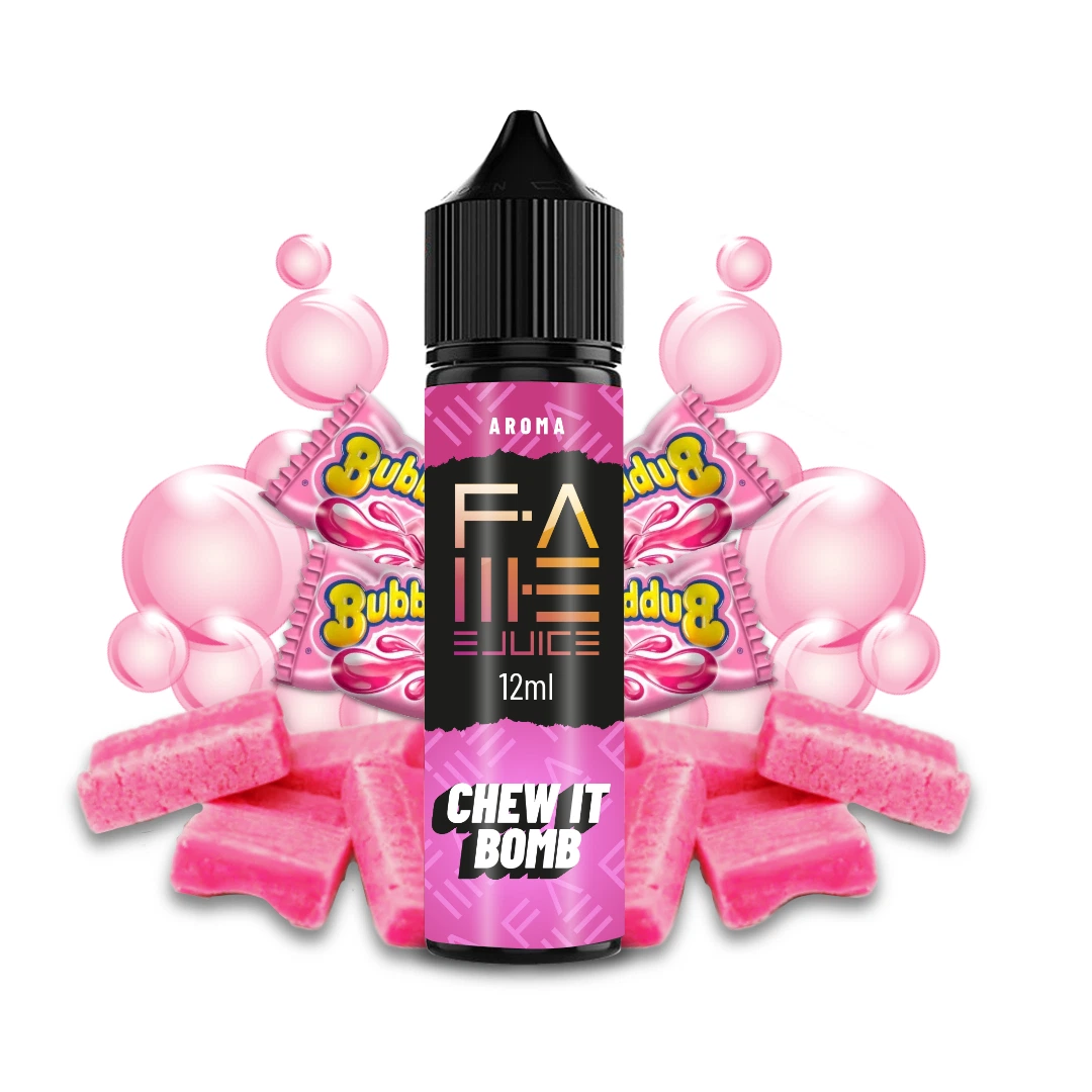 Frasco de aroma Chew It Bomb de Fame Ejuice de 12 ml, con tapón negro y etiqueta rosa, rodeado de chicles y burbujas rosas.