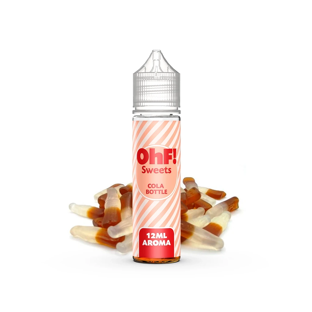 Frasco OhF Sweets Cola Bottles Longfill con tapón transparente, etiqueta rosa de rayas y texto «12ML AROMA», junto a gominolas de botella.