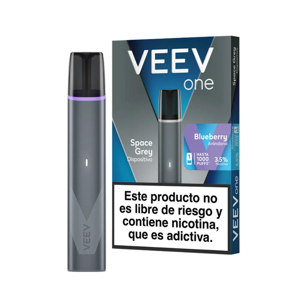 Dispositivo VEEV One gris junto a su caja Blueberry, con indicación visible de nicotina al 3,5 % y advertencia en español, sobre fondo negro.