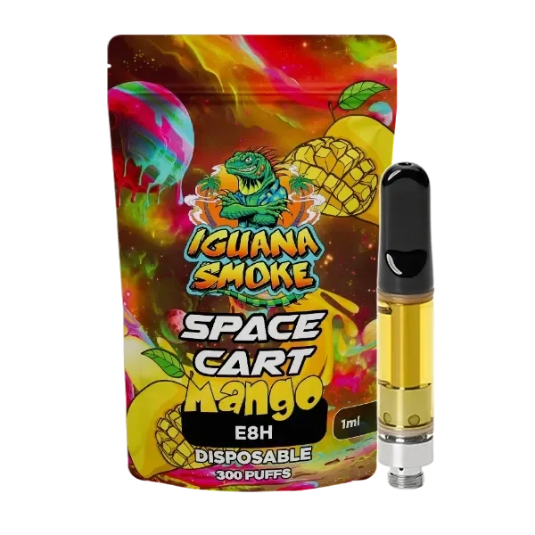Cartucho Iguana Smoke con líquido amarillo y boquilla negra junto a su envase multicolor, rotulado «Space Cart Mango», «E8H» y «1 ml».