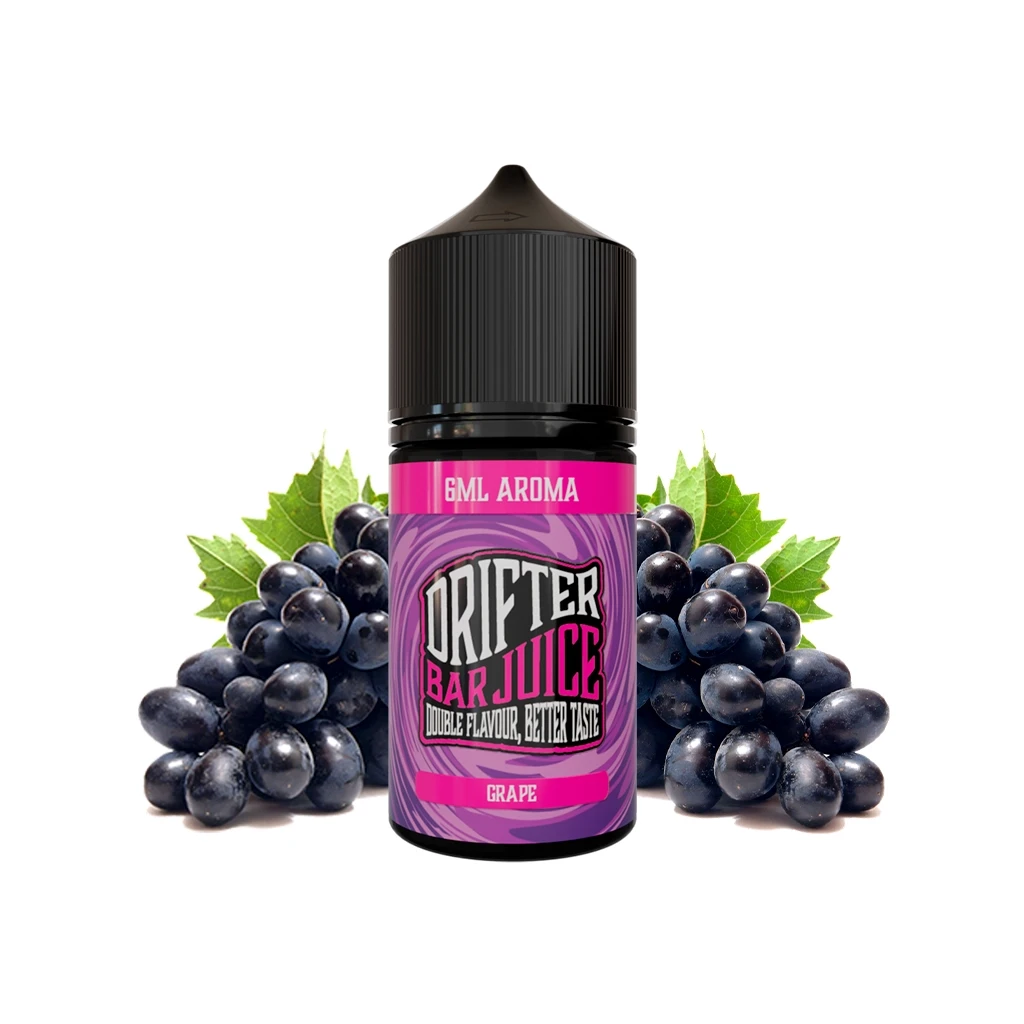 Frasco Drifter Bar Juice Grape con tapón negro y etiqueta morada que indica 6 ml de aroma, rodeado de uvas oscuras y hojas verdes.
