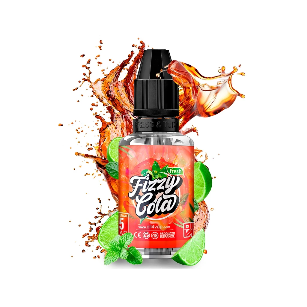 Frasco de Oil4vap Fizzy Cola con tapón negro y etiqueta roja, rodeado de salpicaduras de cola, lima y hojas de menta.