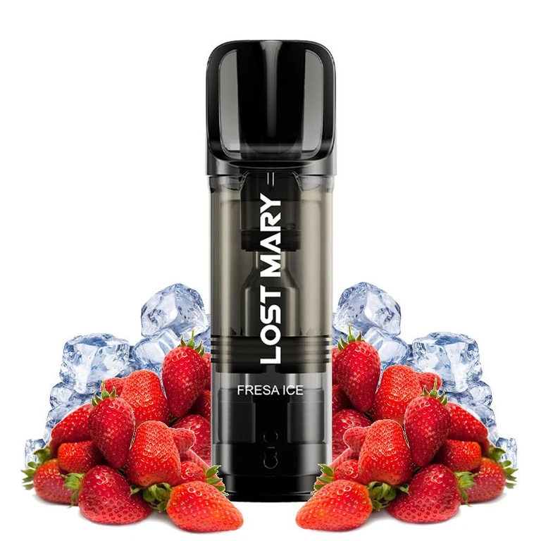 Dispositivo Lost Mary Strawberry Ice con boquilla negra y cuerpo translúcido, rotulado «Fresa Ice», rodeado de fresas y cubitos de hielo.