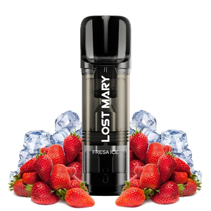 Dispositivo Lost Mary Strawberry Ice con boquilla negra y cuerpo translúcido, rotulado «Fresa Ice», rodeado de fresas y cubitos de hielo.