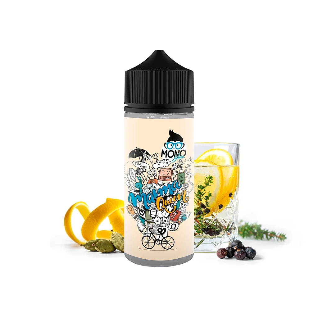 Frasco Mono eJuice Mamma Queen con tapón negro y etiqueta ilustrada, junto a un vaso con limón, piel de cítrico y especias.