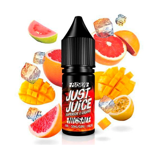 Frasco Just Juice Fusion con tapón negro y etiqueta roja, rodeado de cítricos cortados, mango, maracuyá, sandía y cubitos de hielo.