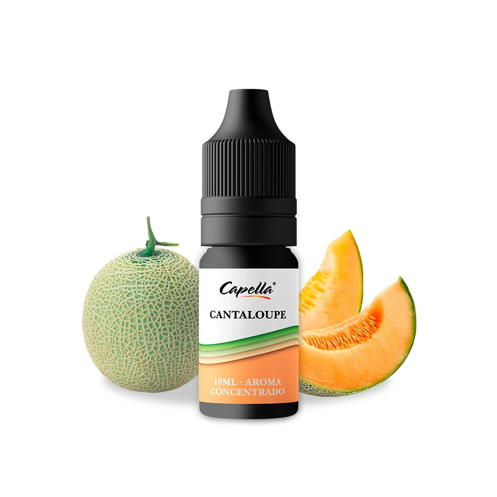 Frasco negro de aroma Cantaloupe de Capella, con etiqueta de 10 ml, junto a un melón entero y gajos de pulpa naranja.