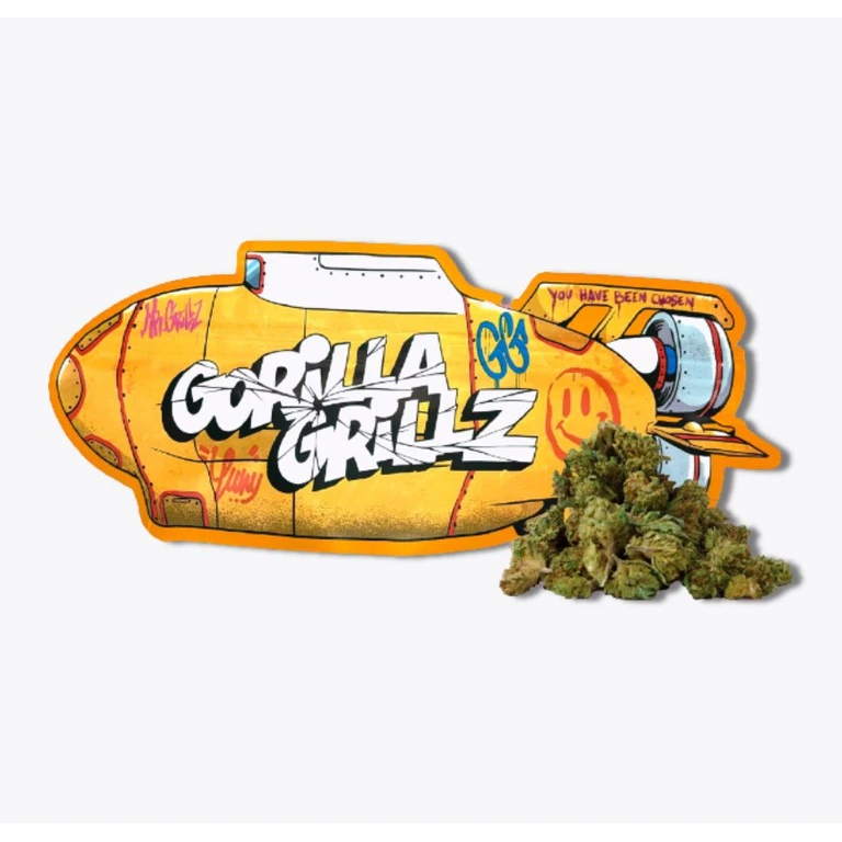 Presentación de Small Buds de Gorilla Grillz con un diseño amarillo en forma de nave y pequeños cogollos agrupados delante.