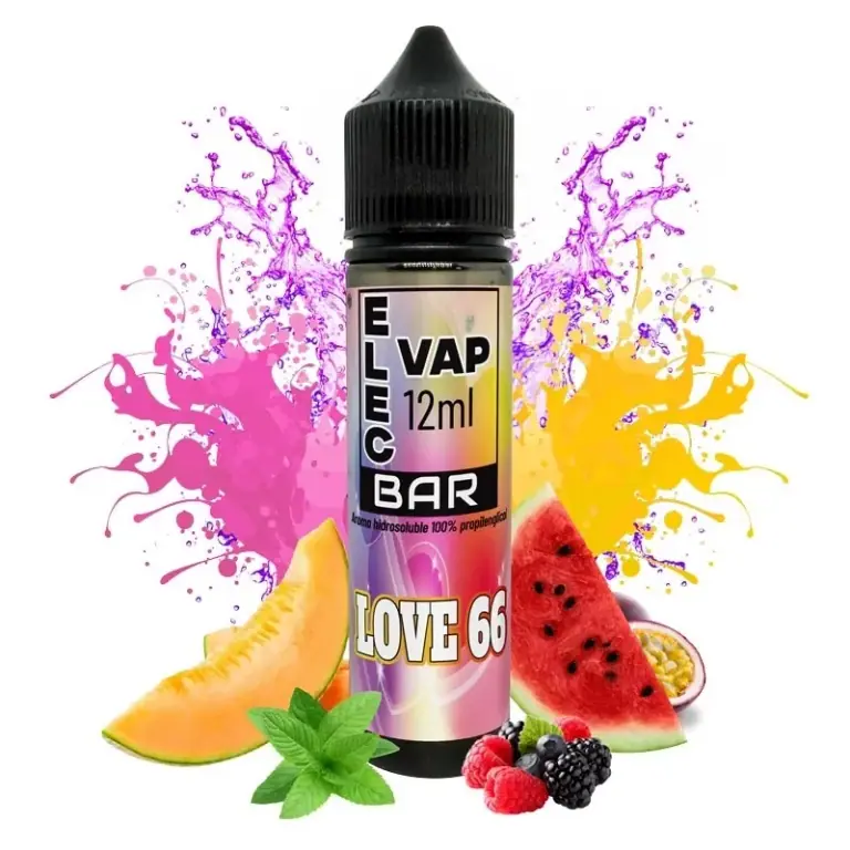 Frasco de aroma Love 66 Bar de Elecvap de 12 ml, rodeado de frutas, hojas verdes y salpicaduras rosas, amarillas y violetas.
