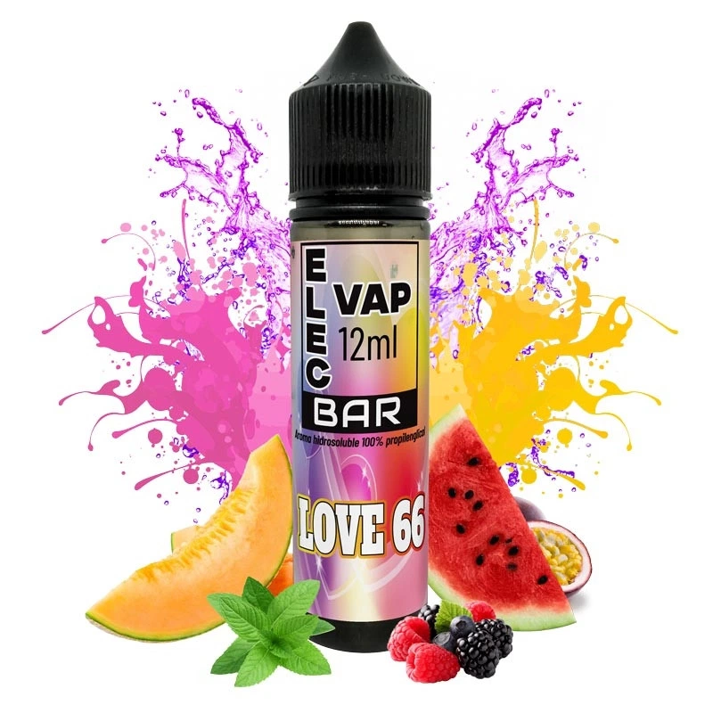 Frasco de aroma Love 66 Bar de Elecvap de 12 ml, rodeado de frutas, hojas verdes y salpicaduras rosas, amarillas y violetas.